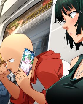 1girl 2boys absurdres bald blonde_hair blush breasts commentary covering_breasts covering_privates english_commentary fubuki_(one-punch_man) genos green_eyes green_hair highres holding holding_phone hood hood_down hooded_sweater indoors jewelry khyle. large_breasts leaning_forward man_looks_at_himself_on_someone's_phone_(meme) medium_hair meme multiple_boys necklace one-punch_man open_mouth parted_lips phone ring saitama_(one-punch_man) siblings sisters sitting sweatdrop sweater tatsumaki tracen_training_uniform upper_body video_call wedding_ring you're_doing_it_wrong