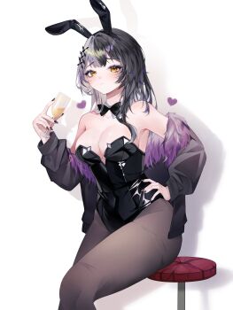 1girl absurdres alcohol alternate_costume animal_ears bare_shoulders black_bow black_bowtie black_hair black_jacket black_leotard black_nails bow bowtie breasts champagne champagne_flute cleavage covered_navel cup detached_collar drinking_glass fake_animal_ears fur-trimmed_jacket fur_trim grey_hair hair_intakes hair_ornament hand_on_own_hip hashtag-only_commentary heart highres holding holding_cup hololive hololive_english jacket large_breasts leotard long_sleeves looking_at_viewer multicolored_hair nail_polish open_clothes open_jacket pantyhose playboy_bunny pwequu rabbit_ears shiori_novella simple_background sitting solo split-color_hair stool strapless strapless_leotard virtual_youtuber white_background yellow_eyes