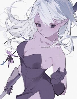 1girl bare_shoulders black_dress black_eyes black_gloves breasts chibi cleavage closed_mouth collarbone commentary_request dark_elf dark_skin dress elbow_gloves elf fingernails floating_hair glaive_(polearm) gloves highres holding holding_polearm holding_weapon large_breasts long_fingernails long_hair long_pointy_ears looking_to_the_side namu_ta03 original pointy_ears polearm shirt side_slit sleeveless sleeveless_dress solo standing standing_on_one_leg strapless strapless_dress thigh_peek weapon white_background white_hair white_shirt