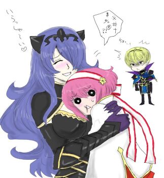 1boy 2girls blonde_hair breasts brother_and_sister camilla_(fire_emblem) closed_eyes face_to_breasts fire_emblem fire_emblem_fates flower hair_flower hair_ornament hair_over_one_eye hairband heart hug husband_and_wife large_breasts leo_(fire_emblem_fates) long_hair multiple_girls nintendo one_eye_covered pink_hair purple_hair sakura_(fire_emblem) short_hair siblings simple_background sister-in-law speech_bubble sweat tiara tomasuku0604