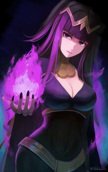 Rule 34 | 1girl, black cape, black hair, black nails, blue eyes, blunt bangs, bodystocking, breasts, bridal gauntlets, cape, cleavage, commentary request, covered navel, fire, fire emblem, fire emblem awakening, highres, jewelry, labebebe lee, large breasts, long hair, looking at viewer, magic, nintendo, parted lips, purple fire, solo, tharja (fire emblem), tiara, two side up