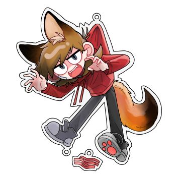 1boy :d absurdres animal_ears animification antenna_hair bacon bandage_on_cheek black_pants black_shoes brown_hair buwangchuxingaoyixin chinese_commentary claw_pose commentary_request drawstring eddsworld fangs flipped_hair food fox_boy fox_ears fox_tail full_body grey_eyes hair_behind_ear hanging highres hood hoodie jitome kemonomimi_mode long_sleeves looking_at_viewer male_focus open_mouth outline pants paw_print red_hoodie scruffing shoes short_hair simple_background smile smug sneakers solo swept_bangs tail tord_(eddsworld) transparent_background white_outline