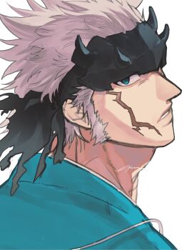 1boy a_nzi_end absurdres blue_eyes commentary_request fate/grand_order fate_(series) grey_hair highres japanese_clothes long_sideburns looking_back male_focus mature_male nagakura_shinpachi_(fate) parted_lips scar scar_on_face sideburns simple_background solo upper_body