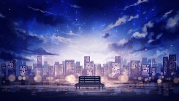 absurdres bench blurry bokeh building chaki_aiha city city_lights cloud commentary_request depth_of_field highres night night_sky no_humans original reflection scenery sky skyline skyscraper star_(sky) starry_sky