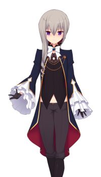 1girl black_gloves boots game_cg general_cocytus gloves grey_hair kourin_tenshi_en_ciel_rena large_variant_set long_hair looking_at_viewer non-web_source official_art pants purple_eyes saitou_natsuki solo suhamaya transparent_background variant_set