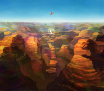 Rule 34 | 1girl, black hair, blue sky, canyon, clear sky, commentary request, crescent moon, day, dress, food, full body, moon, nuq, original, outdoors, red dress, scenery, shrimp, shrimp tempura, sky, solo, tempura, wide shot