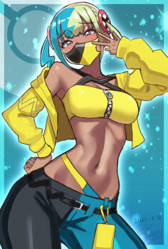 1girl aqua_hair bandeau blonde_hair blue_eyes blue_nails border breasts canari_(pokemon) commentary_request cowboy_shot cropped_jacket dark-skinned_female dark_skin hand_on_own_hip highres jacket looking_at_viewer mask medium_breasts midriff mouth_mask multicolored_hair navel nintendo pants pokemon pokemon_legends:_z-a solo split-color_hair stomach twintails two-tone_pants w white_border yasu_suupatenin yellow_bandeau yellow_jacket yellow_nails