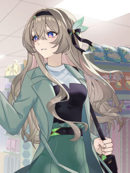 Rule 34 | 1girl, absurdres, alternate costume, aqua coat, belt, black belt, black hairband, black ribbon, blue pupils, breasts, chinese commentary, coat, commentary request, firefly (honkai: star rail), grey hair, hair ribbon, hairband, highres, honkai: star rail, honkai (series), indoors, kathlee49909232, long sleeves, open clothes, open coat, purple eyes, ribbon, small breasts, solo, upper body