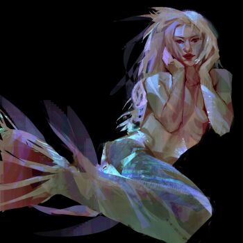 1girl absurdres black_background blonde_hair commentary full_body hand_on_own_face highres looking_at_viewer mermaid monster_girl nude original painterly red_eyes red_lips ribs simple_background sitting solo symbol-only_commentary twulfs