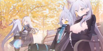 4girls animal_ears autumn autumn_leaves bench black_choker black_dress black_gloves black_jacket blue_archive blue_eyes blue_halo blue_necktie blue_scarf breasts bright_pupils choker cleavage closed_mouth commentary cross_hair_ornament dress extra_ears gloves hair_ornament halo head_wings highres jacket kaerunrun konoka_(blue_archive) large_breasts leaf long_hair long_sleeves mismatched_pupils multiple_girls necktie on_bench outdoors park_bench parted_lips pink_halo revision scarf school_uniform shiroko_(blue_archive) shiroko_terror_(blue_archive) shirt short_hair single_head_wing sitting suzumi_(blue_archive) white_pupils white_shirt wings wolf_ears wolf_girl