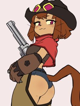 1girl :3 absurdres animal_ears ass backless_pants breasts brown_hair cat_girl cat_tail chaps commentary cowboy_hat crop_top dark-skinned_female dark_skin furry furry_female gameoverse gauntlets goggles goggles_on_head gun handgun hat highres kit_bodega lilkon looking_at_viewer pants red_eyes red_poncho revolver short_hair short_shorts shorts sketch sleeveless tail untranslatable_commentary weapon whiskers