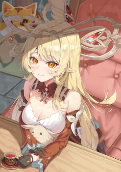 Rule 34 | 1girl, absurdres, alice (genshin impact), bare shoulders, black gloves, blonde hair, breasts, chair, cleavage, commentary request, cup, detached sleeves, dress, genshin impact, gloves, highres, krux (k krux), large breasts, long hair, on chair, orange eyes, pointy ears, sitting, smile, solo, teacup, tile floor, tiles, very long hair, white dress