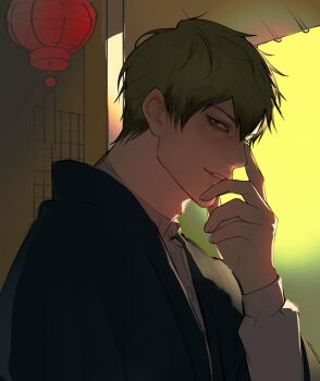 1boy adam's_apple black_hair colored_tips commentary eyelashes green_hair hands_on_own_face highres japanese_clothes jujutsu_kaisen looking_at_viewer male_focus multicolored_hair nayelvesz parted_lips solo symbol-only_commentary teeth upper_body zen'in_naoya