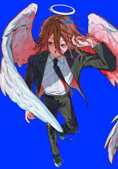 1boy angel_devil_(chainsaw_man) angel_wings black_jacket black_necktie black_pants black_suit blue_background chainsaw_man feathered_wings formal_clothes hair_between_eyes halo highres ikaooi1 jacket male_focus necktie pant_suit pants red_eyes red_hair simple_background solo suit suit_jacket white_halo white_wings wings