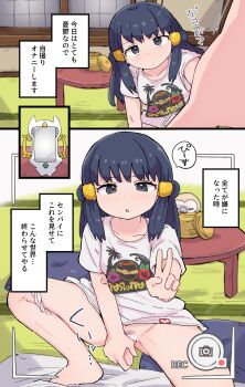 1girl akari_(pokemon) arc_phone black_hair bottomless collarbone commentary_request dildo eyelashes female_masturbation gen_7_pokemon grey_eyes hair_ornament hairclip highres indoors kutabireta_neko long_hair masturbation nintendo object_insertion open_mouth pokemon pokemon_(creature) pokemon_legends:_arceus print_shirt recording rowlet sex_toy shirt short_sleeves sidelocks spread_legs t-shirt table tatami v vaginal vaginal_object_insertion viewfinder white_shirt