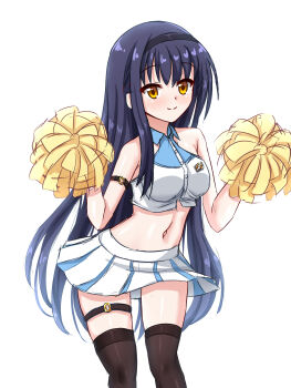 1girl alternate_costume arm_strap bare_shoulders black_hair black_hairband black_thighhighs blue_shirt blush cheerleader closed_mouth collared_shirt commentary_request feet_out_of_frame hair_between_eyes hairband hands_up heart heart_o-ring highres holding holding_pom_poms kushima_kamome long_hair looking_at_viewer miniskirt navel o-ring o-ring_arm_strap o-ring_thigh_strap pleated_skirt pom_pom_(cheerleading) pom_poms shirt sidelocks simple_background skirt sleeveless sleeveless_shirt smile solo split_mouth standing stomach straight_hair summer_pockets tamba_i thigh_strap thighhighs thighs two-tone_shirt very_long_hair white_background white_shirt white_skirt yellow_eyes zettai_ryouiki