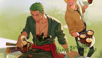 2boys absurdres alcohol arm_support bare_pectorals beer black_necktie black_pants blonde_hair bottle cigarette commentary dated earrings facial_hair goatee green_kimono happy_birthday highres holding holding_plate japanese_clothes jennyandloiryan jewelry kimono looking_at_another male_focus mouth_hold multiple_boys mustache_stubble necktie one_piece outdoors pants pectorals plate roronoa_zoro sanji_(one_piece) scar scar_across_eye scar_on_face shirt sideburns smoking stitched_torso stitches stubble sword teeth_hold weapon wine_bottle yellow_shirt