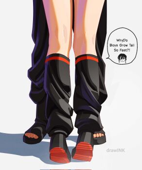 1boy 1girl artist_name black_boots black_pants black_socks boots boruto:_two_blue_vortex commentary corrupted_twitter_file drawink earrings english_text hetero highres implied_kiss jewelry kneehighs loose_socks lower_body naruto_(series) open-toe_boots pants socks tiptoes uchiha_sarada uzumaki_boruto