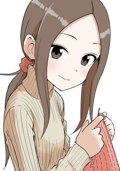 Rule 34 | 1girl, absurdres, brown eyes, brown hair, closed mouth, from side, highres, holding, inaba mifumi, karakai jouzu no (moto) takagi-san, karakai jouzu no takagi-san, knitting, knitting needle, long hair, long sleeves, needle, ponytail, ribbed sweater, sidelocks, simple background, smile, solo, sweater, takagi-san, turtleneck, turtleneck sweater, white background