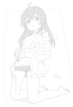 1girl absurdres ahoge bare_legs bare_shoulders barefoot blush dated full_body greyscale hair_between_eyes highres jacket kneeling long_hair long_sleeves looking_at_viewer monochrome off-shoulder_shirt off_shoulder okota_mikan open_clothes open_jacket original parted_lips puffy_long_sleeves puffy_sleeves shirt short_shorts shorts sleeves_past_wrists solo white_background