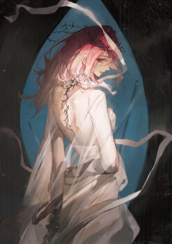 1girl absurdres back back_focus backless_dress backless_outfit bandaged_arm bandages bare_back black_background black_bandages blue_background chinese_commentary commentary crown_of_thorns dress earrings from_behind gradient_hair highres jewelry long_hair looking_at_viewer looking_back ludibianyuan median_furrow multicolored_hair official_alternate_costume path_to_nowhere profile purple_eyes purple_hair see-through_clothes see-through_sleeves shalom_(path_to_nowhere) shoulder_blades smile solo spine_bumps two-tone_background upper_body white_dress white_hair