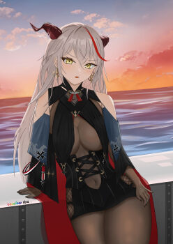 1girl absurdres aegir_(azur_lane) azur_lane backward-facing_horns bare_shoulders black_cape black_gloves black_skirt bodystocking breast_curtains breasts cape chinese_commentary commentary_request covered_navel cowboy_shot cross cross_earrings demon_horns earrings elbow_gloves gloves hair_between_eyes highres horns iron_cross jewelry large_breasts leaning_back looking_at_viewer miniskirt multicolored_hair outdoors red_horns red_streaks skirt solo streaked_hair sunset two-tone_cape user_mmrk3424 water yellow_eyes
