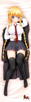 Rule 34 | 1girl, absurdres, akizuki airi, anime coloring, arm behind head, arm up, black jacket, black thighhighs, blonde hair, blue eyes, blush, braid, breasts, collared shirt, copyright logo, diagonal-striped clothes, diagonal-striped necktie, embarrassed, from above, full body, grey skirt, highres, indoors, jacket, kinohara hikaru, large breasts, logo, long hair, long sleeves, looking at viewer, lying, necktie, official art, on back, oni chichi, open mouth, pleated skirt, red necktie, ribbon, school uniform, shirt, skirt, solo, striped clothes, striped necktie, tented shirt, thighhighs, twin braids, very long hair, wavy mouth, white shirt, zettai ryouiki