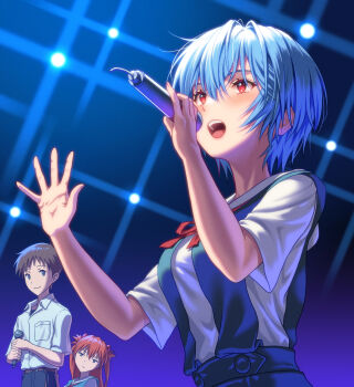 Rule 34 | 1boy, 2girls, ayanami rei, belt, blue eyes, blue hair, blue skirt, breasts, brown belt, brown hair, closed mouth, collared shirt, commentary, hands up, highres, holding, holding microphone, ikari shinji, interface headset (evangelion), jealous, long hair, looking at another, medium breasts, microphone, multiple girls, music, neck ribbon, neon genesis evangelion, open mouth, pants, red eyes, red hair, red ribbon, ribbon, school uniform, shirt, short hair, short sleeves, singing, skirt, smile, souryuu asuka langley, suspender skirt, suspenders, teeth, tokyo-3 middle school uniform, upper teeth only, white shirt, yahha