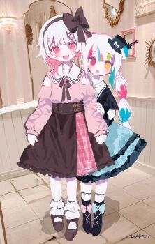 Rule 34 | 2girls, absurdres, black capelet, black hairband, black skirt, blue skirt, book off, capelet, collared shirt, commentary request, double bun, frilled shirt, frilled skirt, frills, full body, hair bun, hair ornament, hairband, hat, heterochromia, highres, indoors, jogasaki noah, long hair, long sleeves, looking at viewer, mahou shoujo no majo saiban, mini hat, mini top hat, mirror, multi-tied hair, multicolored hair, multiple girls, neck ribbon, official alternate costume, official alternate hairstyle, open mouth, picture frame, pink eyes, pink hair, pink shirt, ribbon, sakuraba ema, shirt, short hair, skirt, skirt hold, smile, socks, standing, streaked hair, top hat, wakame yogurt, white hair, white socks, x hair ornament, yellow eyes