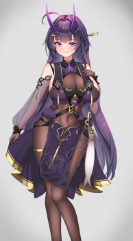 1girl absurdres alternate_breast_size_(larger) bare_shoulders blush bodystocking breasts commentary_request covered_navel detached_sleeves dress feet_out_of_frame grey_background hand_on_own_chest highres honkai_(series) honkai_impact_3rd horns huge_breasts jewelry kkhyun5016 korean_commentary looking_at_viewer official_alternate_costume parted_lips pelvic_curtain purple_dress purple_eyes purple_horns raiden_mei raiden_mei_(herrscher_of_thunder) raiden_mei_(rainy_springtide) see-through_clothes see-through_sleeves simple_background smile solo thighlet