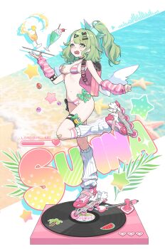 Rule 34 | 1girl, absurdres, arm warmers, backpack, bag, bandaid, bandaid hair ornament, bandaids on nipples, bikini, black choker, breasts, character name, cherry, choker, commentary, crossed bandaids, cup, dang geun23283, drinking glass, food, fruit, full body, furrowed brow, green eyes, green hair, green nails, hair ornament, heart, highres, holding, ice cream, ice cream float, inline skates, juice, leg up, leg warmers, light blush, long hair, looking at viewer, multicolored bikini, multiple hair clips, multiple thigh straps, nail polish, navel, open mouth, pasties, phonograph, pink bag, pink bikini, ponytail, roller skates, skates, small breasts, small sweatdrop, solo, standing, standing on one leg, star (symbol), sticker, strawberry, string bikini, striped arm warmers, striped bikini, striped clothes, sunna (zenless zone zero), swimsuit, tearing up, thigh strap, tray, two-tone bikini, untranslatable commentary, vinyl record, wavy mouth, white bikini, white leg warmers, white wings, winged bag, wings, zenless zone zero