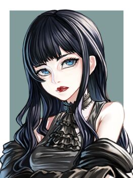 Rule 34 | 1girl, ascot, bare shoulders, black ascot, black dress, black hair, black jacket, blue eyes, border, breasts, closed mouth, commentary request, dress, final fantasy, final fantasy xiv, gaia (ff14), green background, highres, hyuu (sing-dog), jacket, jacket partially removed, lipstick, long hair, long sleeves, looking at viewer, makeup, medium breasts, outside border, red lips, simple background, solo, upper body, white border