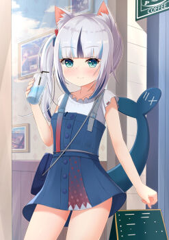 1girl animal_ear_fluff animal_ears aqua_eyes bag black_hair blue_hair blue_nails blue_skirt blunt_bangs blush cat_ears collarbone commentary_request dot_nose fins fish_tail gawr_gura gawr_gura_(casual) gluteal_fold highres hololive hololive_english light_blue_hair looking_at_viewer morse_code multicolored_hair nail_polish nc731 official_alternate_costume outdoors shark_tail shirt short_sleeves side_ponytail sidelocks skirt smile solo standing streaked_hair tail thighs virtual_youtuber white_hair white_shirt