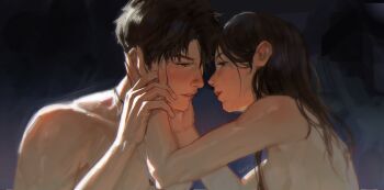 1boy 1girl black_hair breasts caleb_(love_and_deepspace) couple hair_between_eyes hand_on_another&#039;s_cheek hand_on_another&#039;s_face hetero highres holding_hands long_hair looking_at_viewer love_and_deepspace medium_breasts parted_lips protagonist_(love_and_deepspace) short_hair talanya topless_female topless_male upper_body