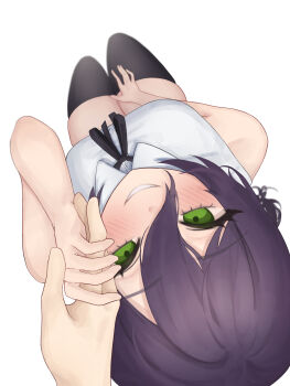 Rule 34 | 1boy, 1girl, absurdres, black ribbon, black thighhighs, blush, breasts, chainsaw man, from above, grabbing another's hand, green eyes, grin, hair between eyes, hamuii, highres, looking at viewer, medium breasts, neck ribbon, purple hair, reze (chainsaw man), ribbon, shirt, simple background, smile, thighhighs, white background, white shirt