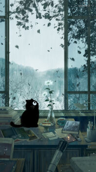 animal artist_name black_cat book cat cellphone commentary cup day english_commentary falling_leaves flower highres indoors leaf no_humans original overcast phone pile_of_books quacx3 rain scenery sky table teacup upside-down_book vase white_flower window
