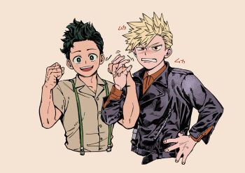 2boys :d asymmetrical_hair bakugou_katsuki black_jacket blonde_hair blush boku_no_hero_academia bright_pupils buttoned_cuffs buttons clenched_hand collared_shirt commentary_request dress_shirt embarrassed flustered freckles green_hair grey_background grimace hairstyle_request hand_on_own_hip hand_up hands_up highres holding_hands interlocked_fingers jacket lapels leather leather_jacket long_sleeves looking_at_viewer male_focus midoriya_izuku motion_lines multiple_boys nebikkurishita notched_lapels official_alternate_costume official_alternate_hairstyle open_mouth orange_shirt partial_commentary red_eyes shirt short_hair short_sleeves side-by-side side_part simple_background smile sound_effects spiked_hair striped_blush suspenders tareme teeth trembling tsurime uneven_eyes upper_teeth_only v-shaped_eyebrows white_pupils wing_collar zipper_pull_tab