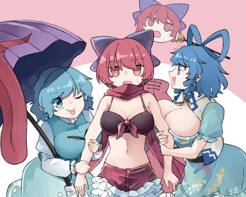 3girls :p adapted_costume alternate_breast_size_(larger) alternate_costume arm_hug bikini bikini_shorts black_bikini blue_dress blue_eyes blue_hair blue_skirt blue_vest bow breasts cleavage commentary_request commission deetamu disembodied_head double_arm_hug dress drill_hair drill_sidelocks floating_head hair_bow hair_ornament hair_rings hair_stick highres huge_breasts juliet_sleeves kaku_seiga kaku_seiga_(desires) karakasa_obake large_breasts long_sleeves multiple_girls navel one_eye_closed open_mouth puffy_sleeves purple_bow purple_umbrella red_eyes red_hair red_scarf red_shorts ribbon-trimmed_bow ribbon_trim scarf sekibanki sekibanki_(dullahan_on_the_beach) shorts sidelocks skeb_commission skirt smile stomach sweatdrop swimsuit tatara_kogasa tongue tongue_out touhou touhou_lostword umbrella vest white_vest yuri