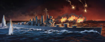 absurdres amatsukaze_(ship) battle cruiser firing flare highres military_vehicle naval_battle night ship united_states_navy uss_helena_(cl-50) warship watercraft world_war_ii yorktown_cv-5