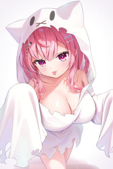 1girl armpit_crease bare_shoulders blush braid breasts brick_floor cat_hair_ornament cleavage closed_mouth collarbone commentary ghost_costume ghost_pose hair_between_eyes hair_ornament hairclip highres hood hoodie huge_breasts indie_virtual_youtuber kag_tsukimi long_hair naked_costume pink_eyes pink_hair simple_background sleeves_past_fingers sleeves_past_wrists smile solo star_(symbol) star_hair_ornament symbol-only_commentary thighs tongue tongue_out two_side_up virtual_youtuber white_background white_hoodie yuuki_sakuna