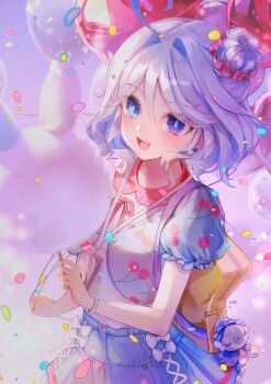 Rule 34 | 1girl, :d, absurdres, ahoge, alternate costume, balloon, blue eyes, blue pupils, blue skirt, blue streaks, blush, bow, camera, camera around neck, commentary, cotton candy, dalchae, drop-shaped pupils, food, furina (genshin impact), genshin impact, hair between eyes, hair bun, hashtag-only commentary, heterochromia, highres, holding, holding balloon, holding cotton candy, holding food, lanyard, looking at viewer, medium hair, multicolored hair, open mouth, shirt, short sleeves, signature, skirt, smile, solo, streaked hair, surintendante chevalmarin, symbol-shaped pupils, teeth, upper teeth only, white bow, white hair, white shirt