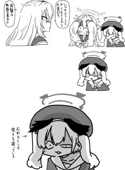 <|>_<|> azusa_(blue_archive) beret blue_archive blush commentary_request covering_forehead cropped_torso facing_another greyscale halo hat head_wings hifumi_(blue_archive) highres koharu_(blue_archive) looking_at_another monochrome nervous_smile nervous_sweating nishino_hikoji simple_background smile speech_bubble straight_hair sweat translation_request twintails uneven_eyes upper_body white_background wide-eyed wings
