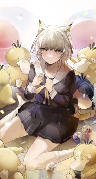 1girl absurdres alternate_costume animal_ear_fluff animal_ears arknights black_serafuku black_shirt black_skirt blush cat_ears commentary_request cosplay doctor_(arknights) doctor_(arknights)_(cosplay) gashapon gen_1_pokemon green_eyes highres kal&#039;tsit_(arknights) kneehighs long_sleeves looking_at_viewer miniskirt nintendo pleated_skirt pokemon pokemon_(creature) psyduck ribbon sailor_collar school_uniform serafuku shirt short_hair sitting skirt skirt_set socks solo tabayashi thighs wariza white_hair white_sailor_collar white_socks yellow_ribbon