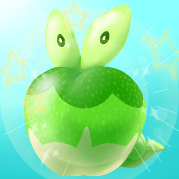 alternate_color apple applin black_eyes blue_background brian_danger_art commentary english_commentary food fruit gen_8_pokemon nintendo no_humans pokemon pokemon_(creature) pokemon_focus shiny_pokemon star_(symbol) tail worm wyrm