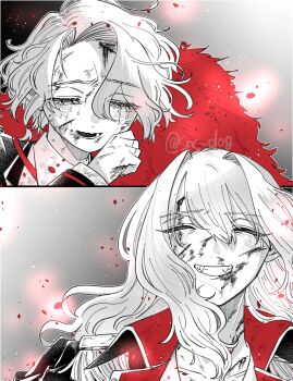 1boy 1girl :d ^_^ absurdres closed_eyes commentary_request crying don_quixote_(project_moon) fangs feather_boa grin hair_between_eyes highres la_manchaland's_don_quixote_(project_moon) limbus_company long_hair open_mouth portrait project_moon sancho_(project_moon) sensu_(mikanaboon) short_hair smile split_screen spot_color twitter_username wind