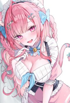 1girl :3 :d absurdres animal_ear_fluff animal_ears antenna_hair aqua_bow bell belt bow braid breasts buta_tamako cat_ears cat_girl cat_tail chest_belt cleavage colored_inner_hair commentary dress extra_ears gloves hair_ornament half_gloves hands_up highres indie_virtual_youtuber jingle_bell kneehighs large_breasts long_hair looking_at_viewer lying maid_headdress multicolored_hair on_side open_mouth puffy_sleeves purple_eyes shoes short_sleeves sidelocks simple_background smile socks solo star_(symbol) star_hair_ornament tail tail_bow tail_ornament twin_braids virtual_youtuber white_background white_gloves yuuki_sakuna yuuki_sakuna_(3rd_costume)