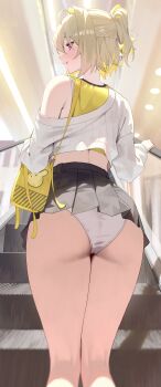 1girl absurdres ahoge alternate_costume alternate_hairstyle ass bag black_skirt blonde_hair colored_inner_hair commentary elegg_(nikke) escalator fang feet_out_of_frame from_behind goddess_of_victory:_nikke hair_intakes highres long_sleeves looking_to_the_side microskirt midriff miniskirt multicolored_hair nikku_nana panties pink_eyes pleated_skirt short_hair shoulder_bag single_bare_shoulder skirt solo standing symbol-only_commentary thighs underwear white_panties yellow_bag