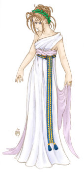 1girl aa_megami-sama alternate_hairstyle ancient_greek_clothes artistmeli bad_anatomy bare_shoulders belldandy belt facial_mark female_focus forehead_mark full_body graphite_(medium) greco-roman_clothes hair_up head_wreath laurel_crown laurel_wreath peplos poorly_drawn profile solo standing stola toga traditional_media white_background