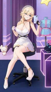 1girl absurdres bandaid bandaid_on_knee bandaid_on_leg black_choker black_gloves blue_eyes breasts chair choker cleavage colored_extremities commentary dress fingerless_gloves gloves hair_ornament highres holding holding_phone kaneko_lumi long_hair marten_(kaneko_lumi) phase_connect phone pomerui second-party_source shoes sitting star_(symbol) swivel_chair thigh_strap unworn_shoes virtual_youtuber white_dress white_shoes