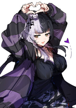 1girl alternate_costume arms_up black_dress black_hair black_jacket breasts carternanmen dress four-finger_heart_hands grey_hair hair_ornament hashtag-only_commentary heart heart_hands highres hololive hololive_english jacket large_breasts long_hair long_sleeves looking_at_viewer multicolored_hair multicolored_jacket open_clothes open_jacket open_mouth purple_jacket shiori_novella simple_background sketch smile solo split-color_hair striped_clothes striped_jacket two-tone_hair two-tone_jacket upper_body virtual_youtuber white_background yellow_eyes